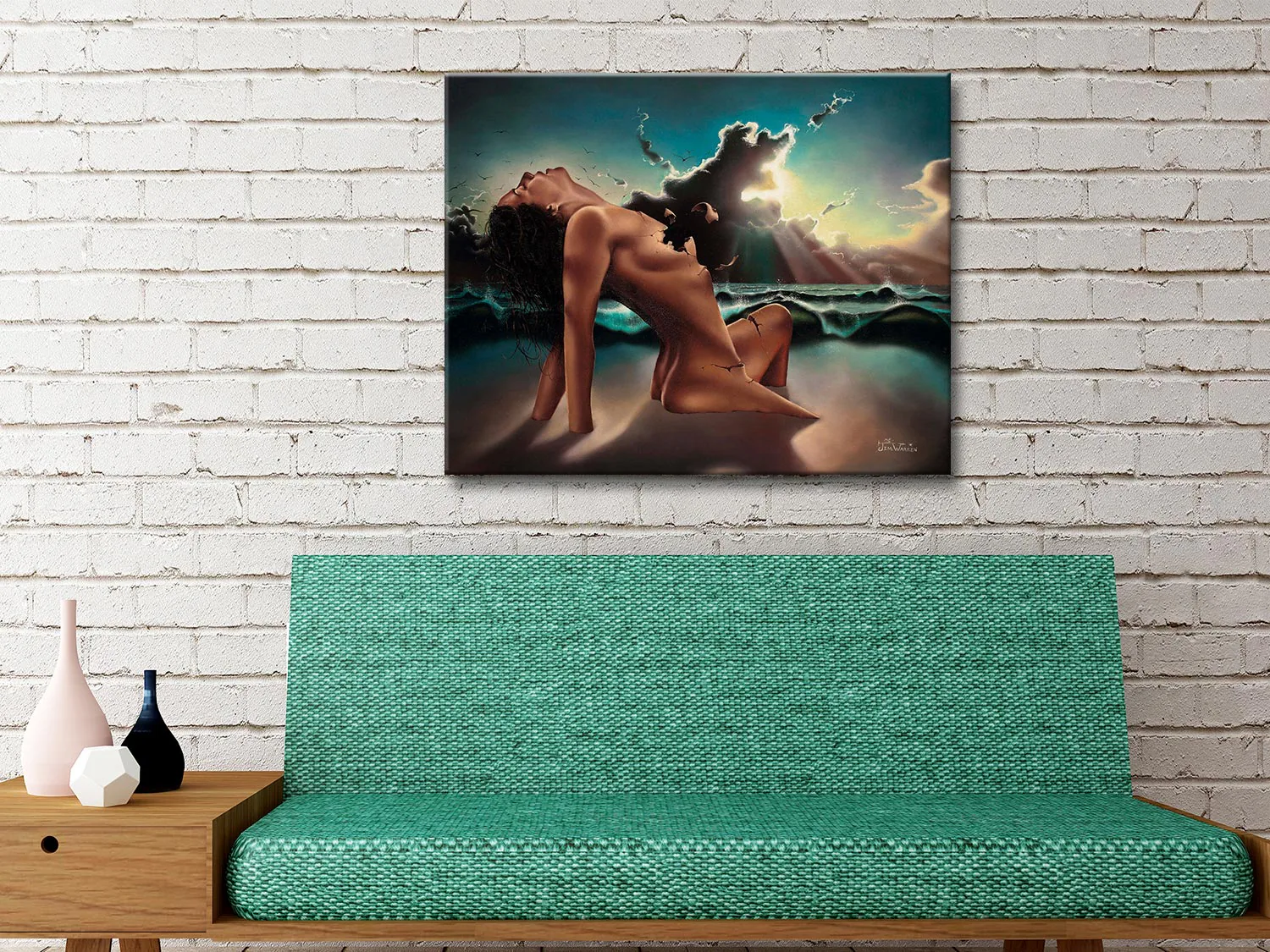 Wall art print of Sexual Explosion, Jim Warren's surrealist contemporary painting, shown as part of a styled wall.